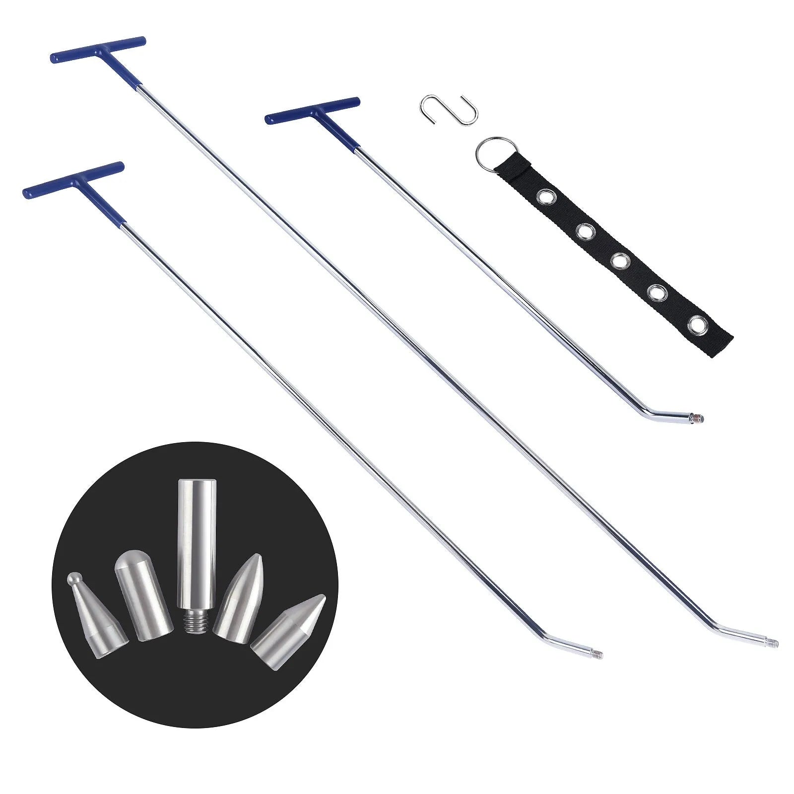 Three-piece alloy steel car dent repair tool set with a hook and crowbar on a workbench.