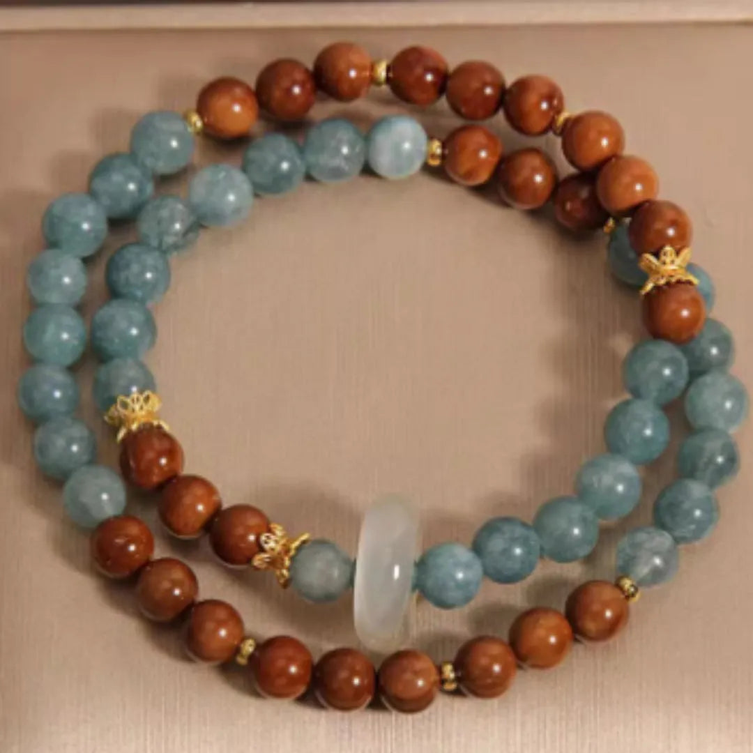 Double ring bracelet for women, natural crystal and semi-precious stone, cook blue water jade colour, electroplated finish