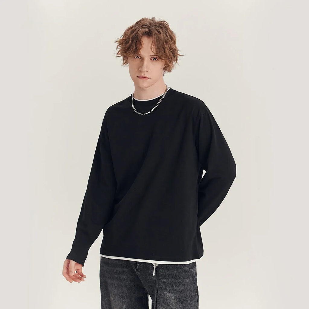 Men's loose fit long-sleeved cotton blend T-shirt in solid colour with round neck