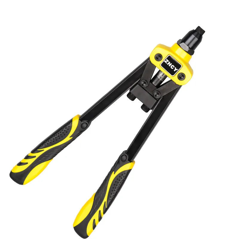Yellow 13-inch manual household rivet gun with three built-in tips for 3.2mm, 4.0mm, and 4.8mm rivets.