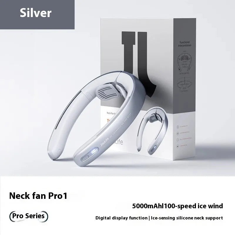 Silver grey hanging neck portable fan with USB port and no-blade design.