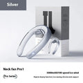Silver grey hanging neck portable fan with USB port and no-blade design.