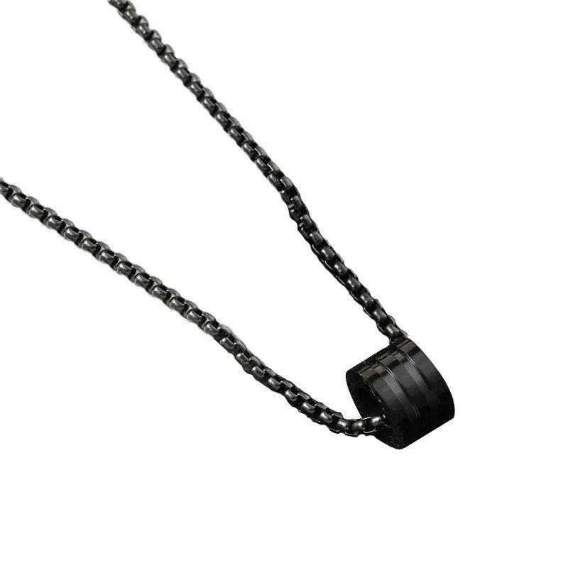 Men's black geometric necklace set with cylindrical titanium steel pendant and ring buckle details