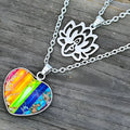 Seven-colour natural stone heart-shaped lotus pendant on a silver-toned double-layer necklace with stone beads