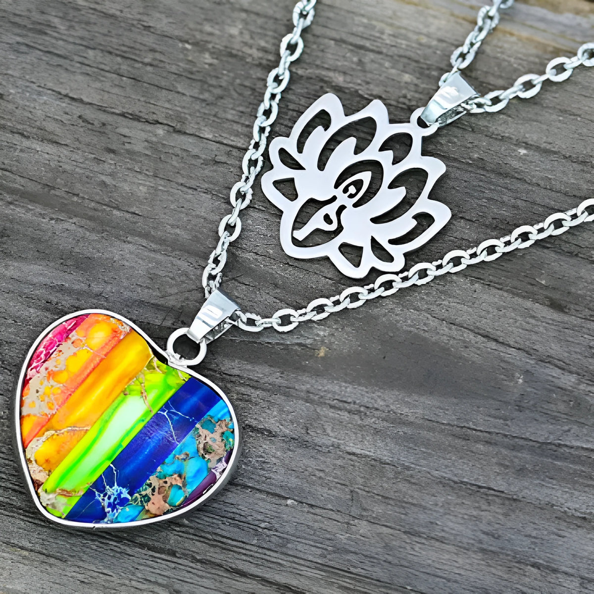 Seven-colour natural stone heart-shaped lotus pendant on a silver-toned double-layer necklace with stone beads
