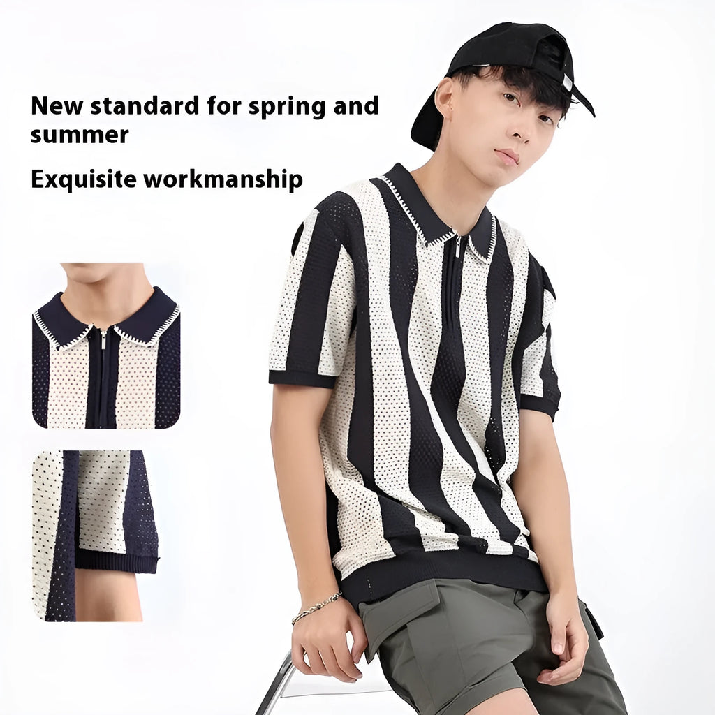 Man modelling a black and white striped short sleeve ice silk sweater with a silver zip detail on the front.
