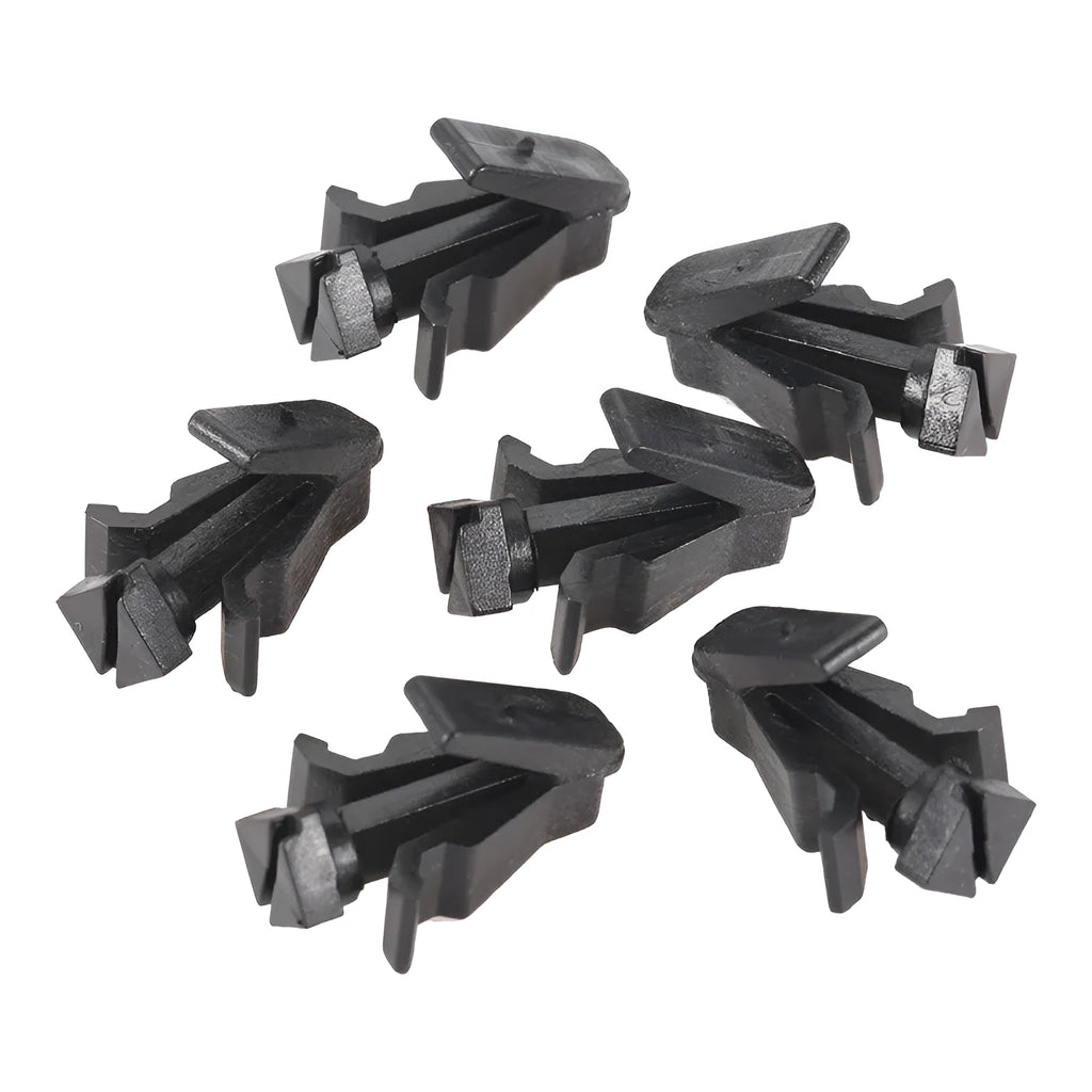 Black plastic Nissan bumper and grille fastening clip, model 76882-0M060.