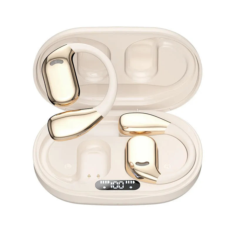 Noise reduction sports ear hook headphones in black or skin colour with Type-C charging and 15 metre range.
