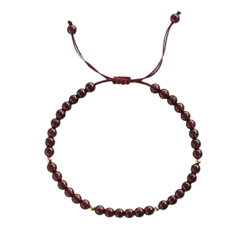 Hand-woven garnet Chinese bracelet with red rope design on flexible wire