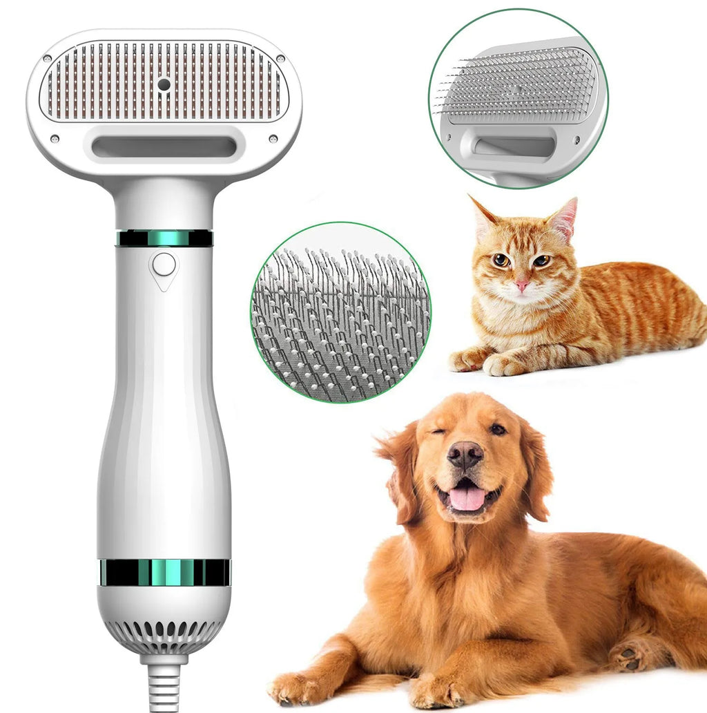 White 2-in-1 pet comb hair dryer with ergonomic handle and stainless steel needle comb