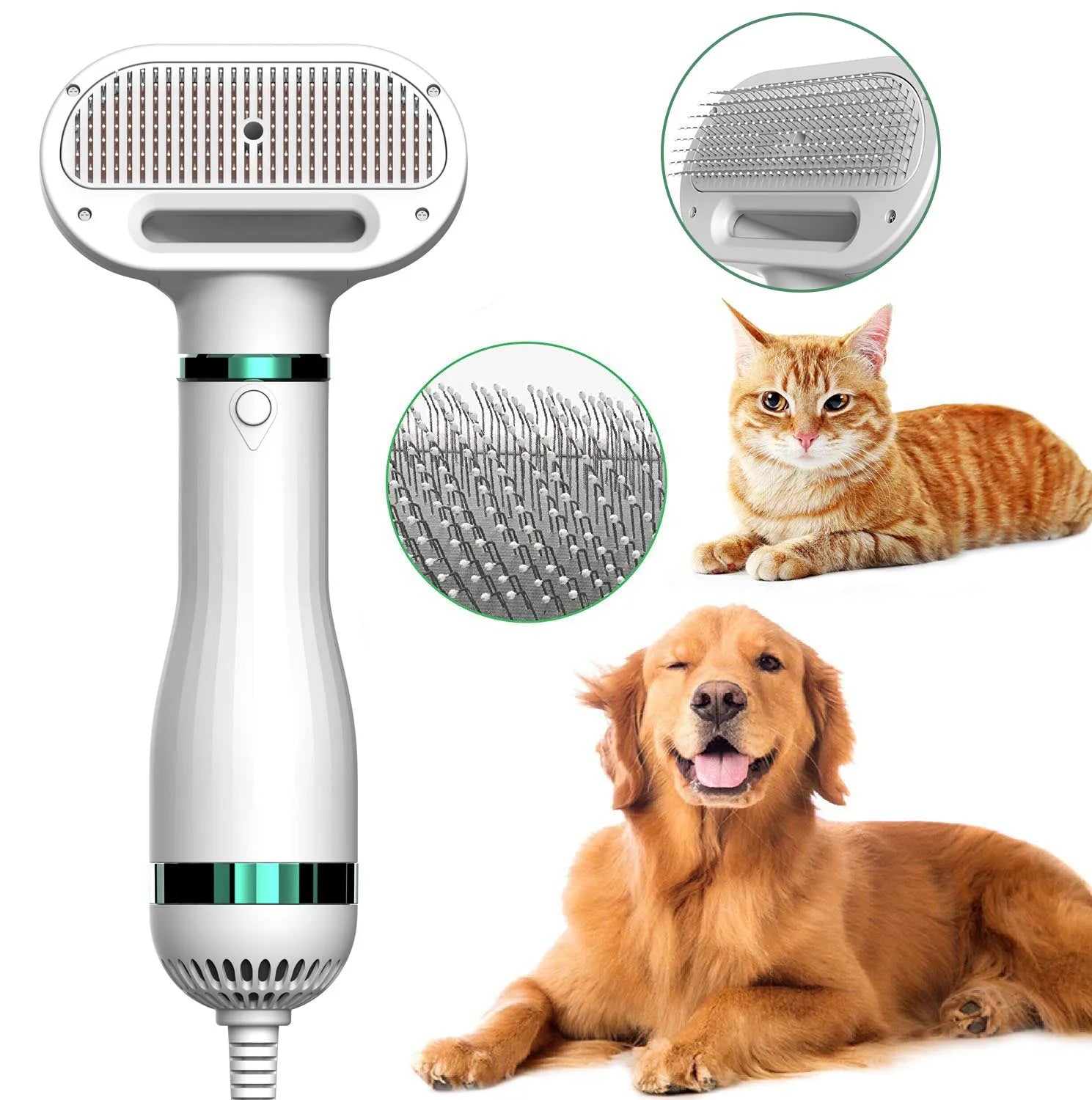 White 2-in-1 pet comb hair dryer with ergonomic handle and stainless steel needle comb