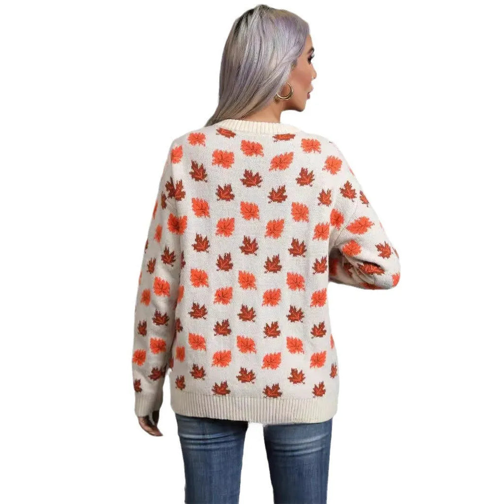 Maple leaf Christmas round neck pullover sweater in loose street fashion style