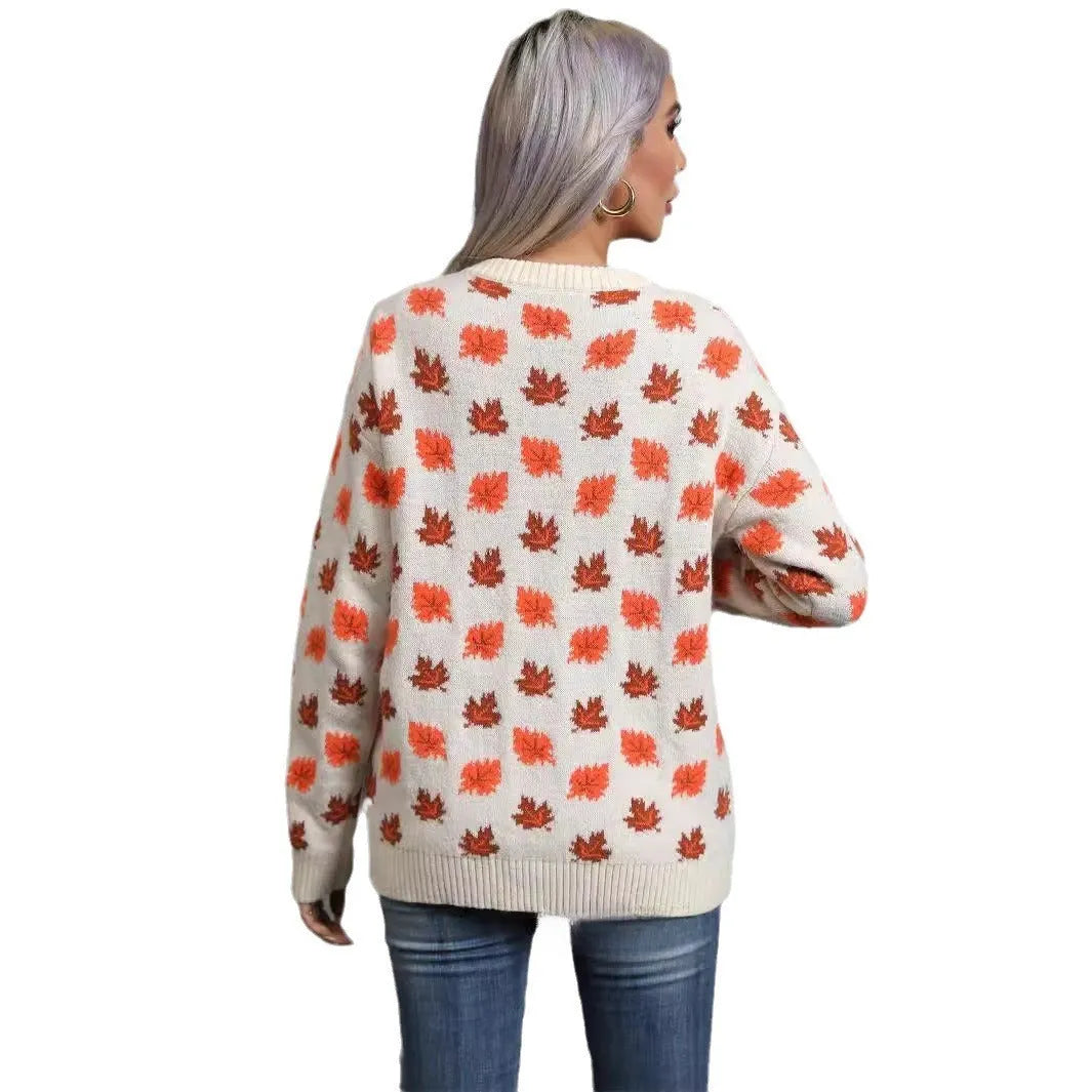 Maple leaf Christmas round neck pullover sweater in loose street fashion style