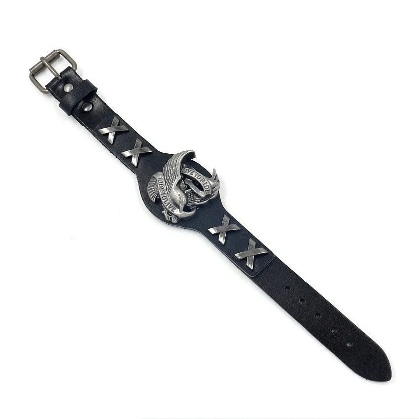 Black leather bracelet with a geometric alloy eagle watch-buttom centrepiece.