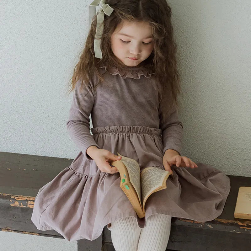 Girl's solid colour cotton lace layering stitching princess dress in lotus root starch colour with long sleeves