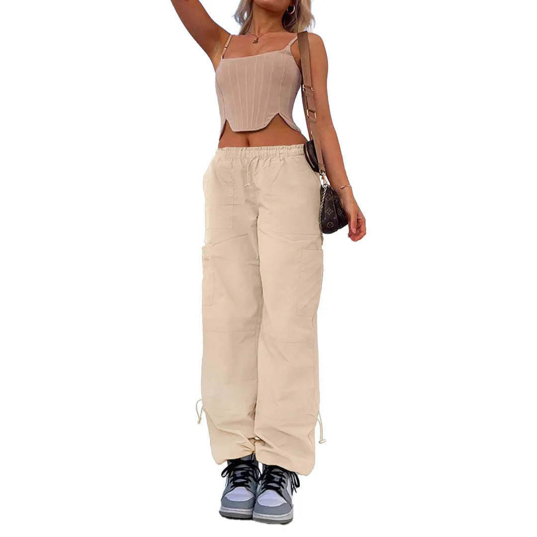 Multi-pocket cargo casual trousers in polyester fabric with straight leg design and mid-waist fit