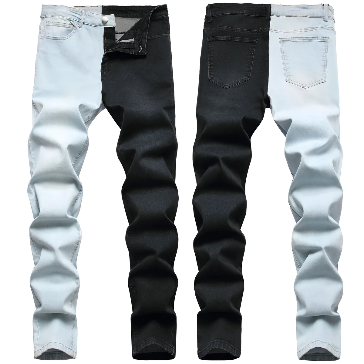 Men's two-colour fashion stitching stretch jeans in light blue and black, 95% cotton denim slim fit