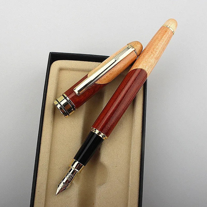 Wooden barrel and metal body pen with a grey fabric storage bag.