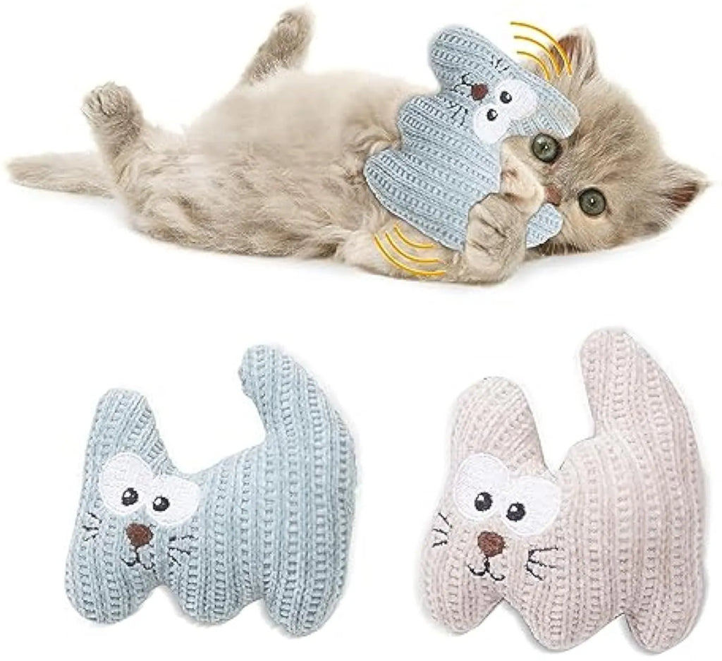 Cyan and light coffee plush cat toy with rope, containing catnip and a bell