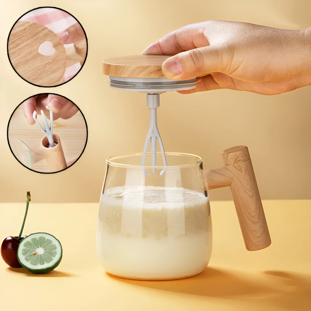 Clear borosilicate glass self-stirring coffee mug with automatic mixing function and 400ml capacity