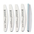 Grey half-moon shaped nail file with washable grit surface on a plain background.