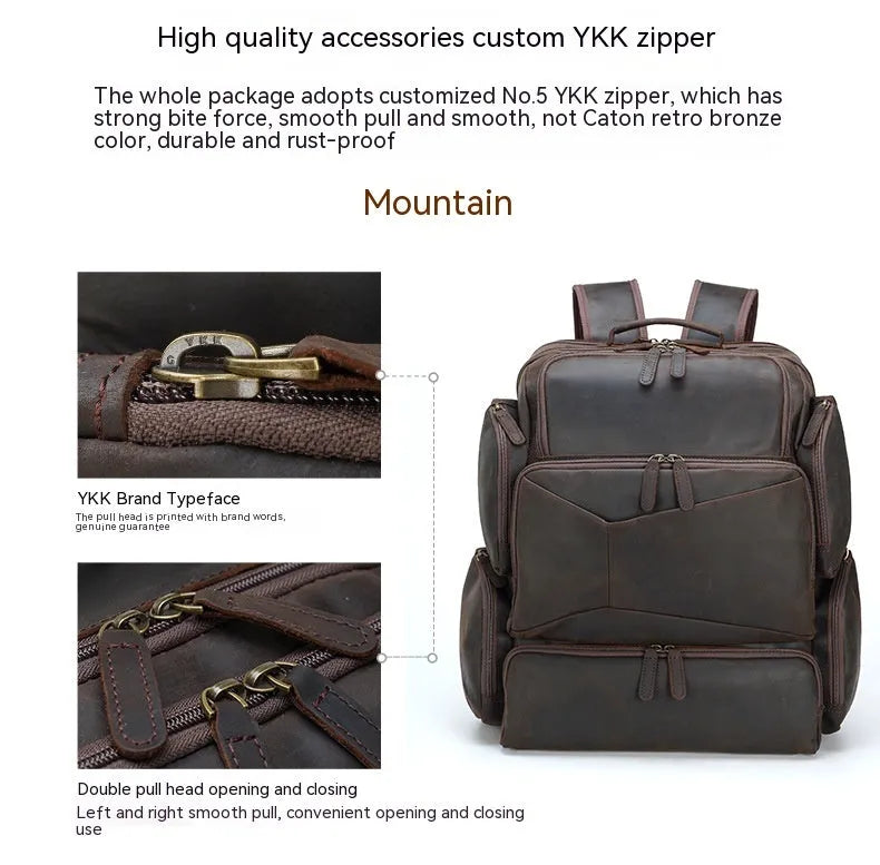 Dark brown retro leather backpack for a 17-inch laptop with double shoulder straps.