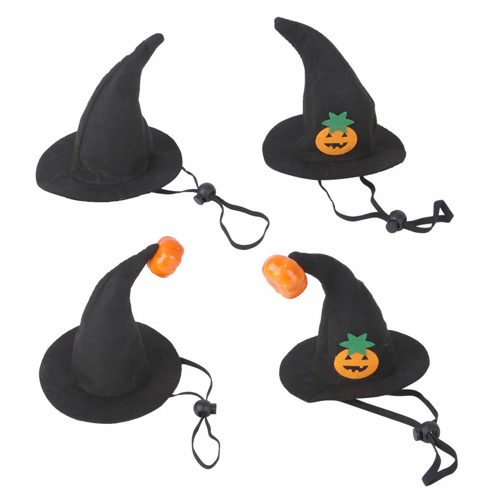 Adjustable cloth Halloween hat for pets showing embossed pumpkin design on cat