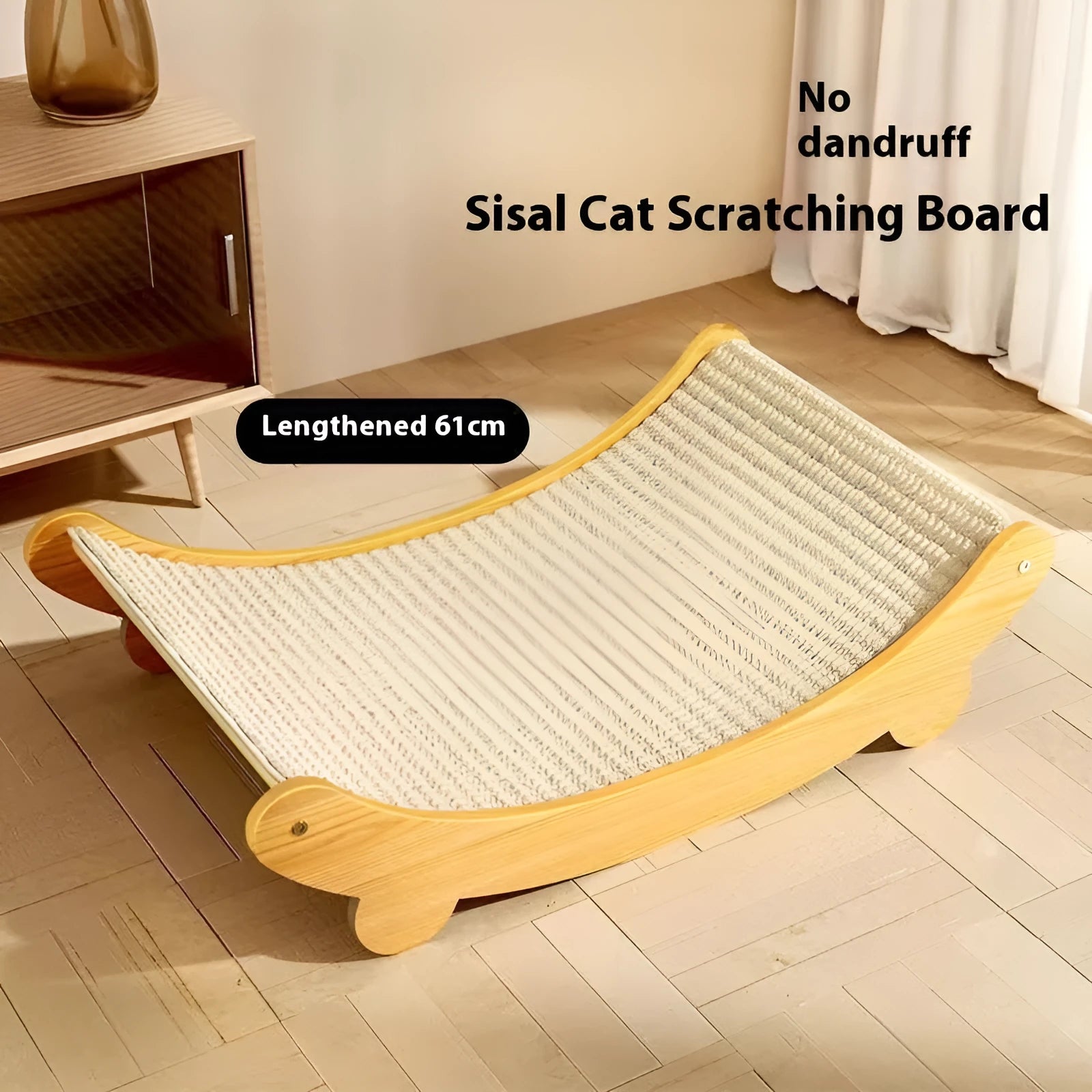 A pastoral-style cat scratch board with a woven sisal blanket scratching surface, shown in small and large size options.