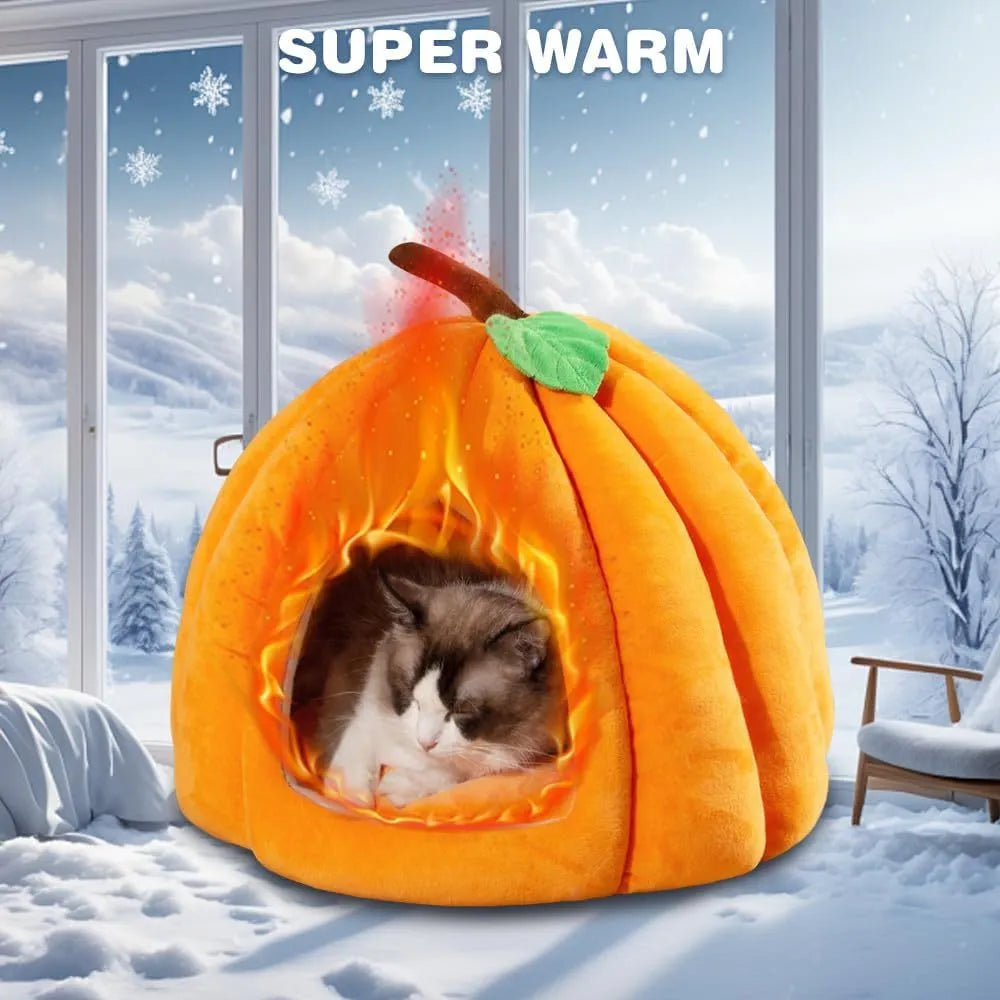 Pumpkin-shaped cat bed in blue with semi-enclosed design and removable cushion