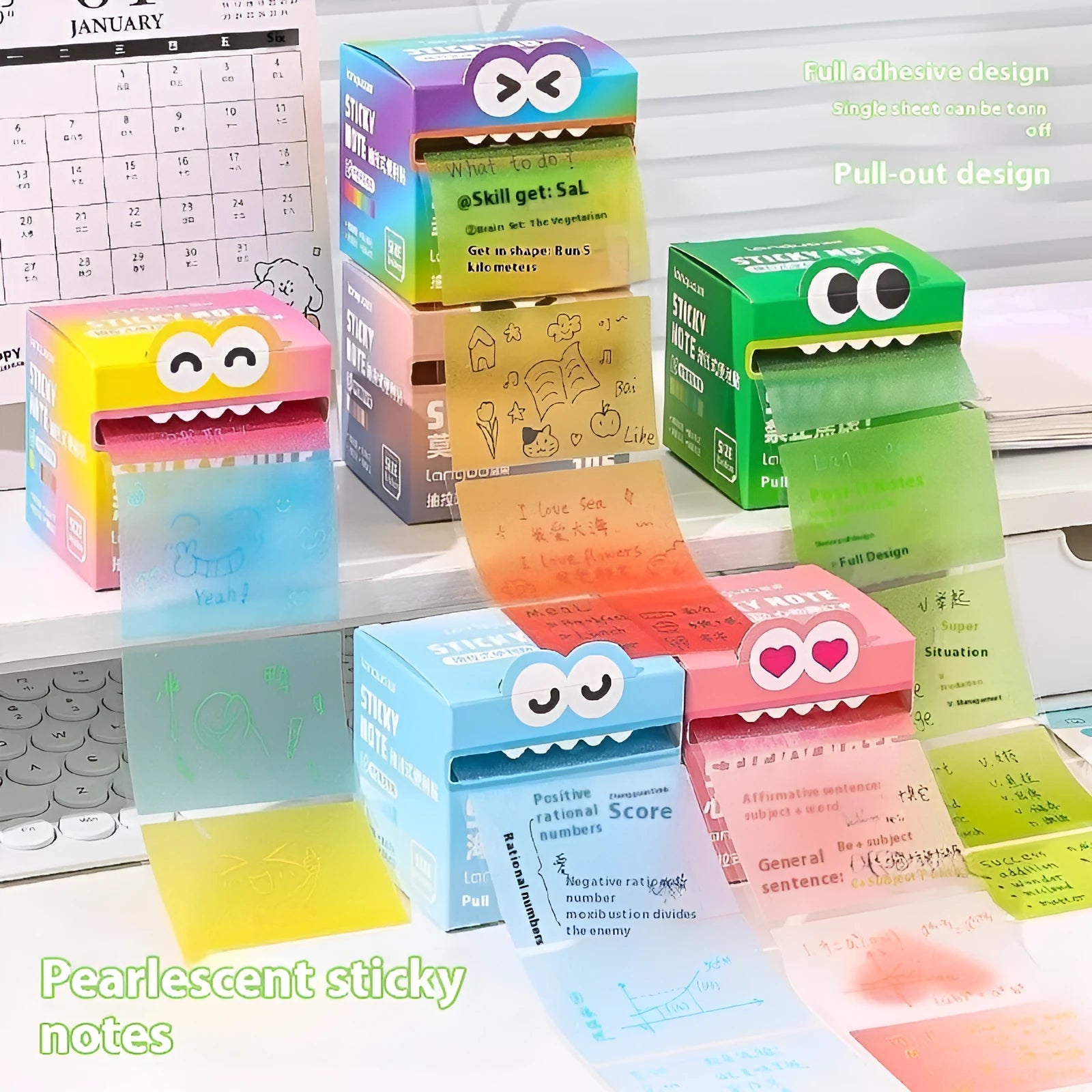 Box of pearl gradient transparent pull-out sticky notes showing six colour variations.