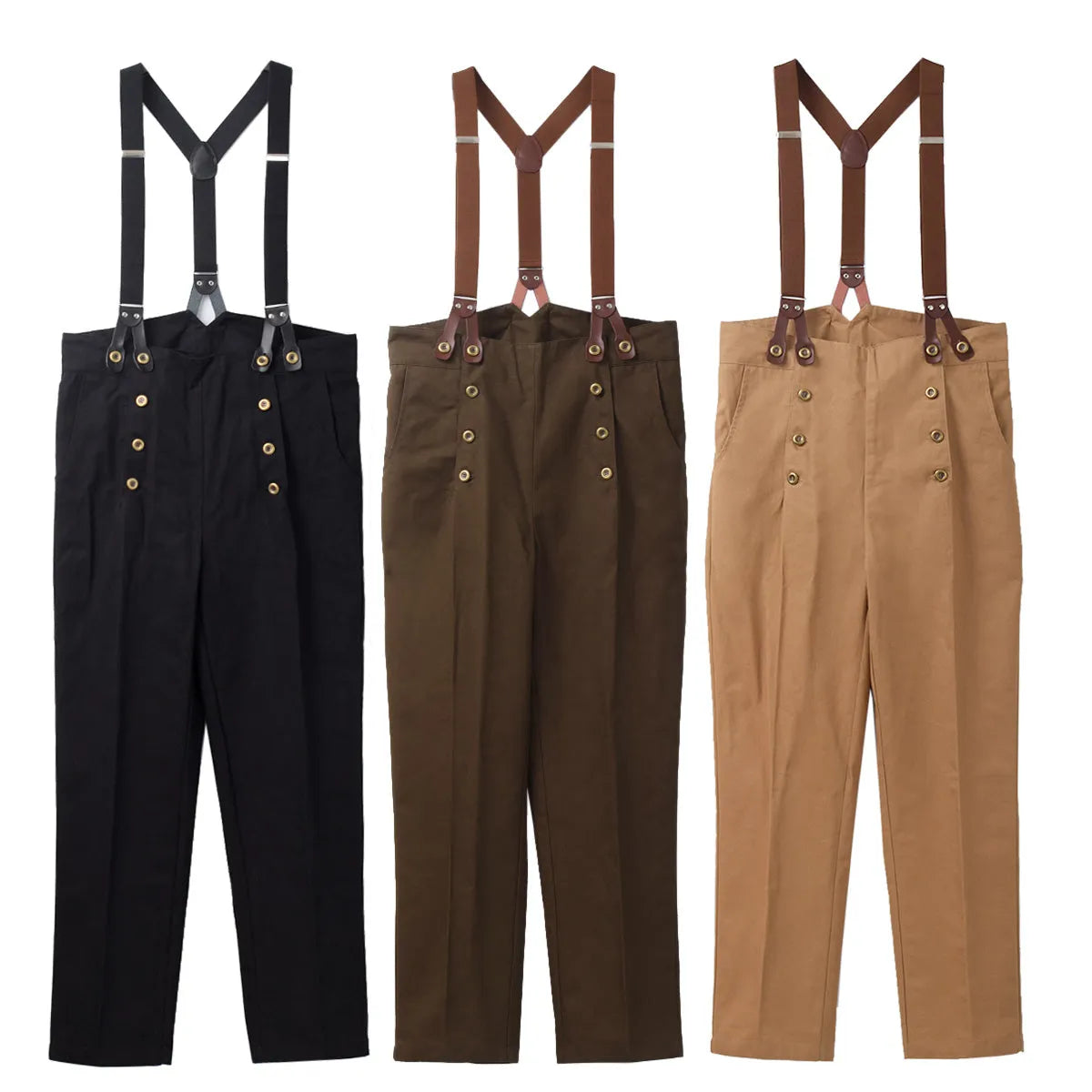 Men's retro high waist double breasted casual straight pants in black with braces