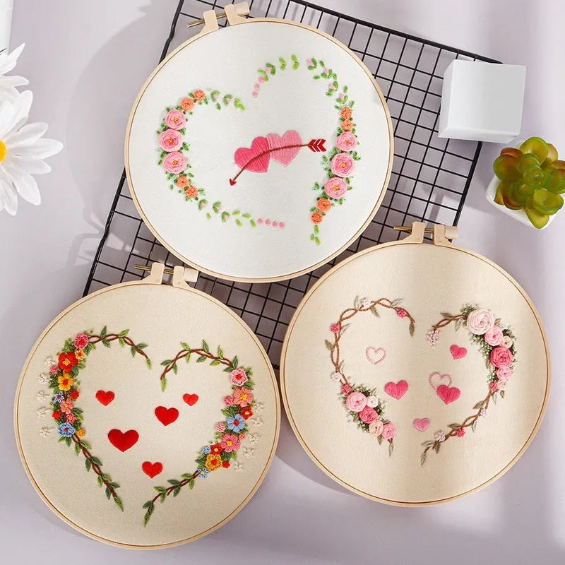 DIY embroidery kit with heart-to-heart love design on cotton cloth, 20cm bamboo taboret frame, Nordic style, Valentine's Day craft