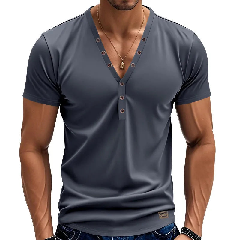Men's loose fit V-neck button pullover shirt in polyester blend fabric for sports wear