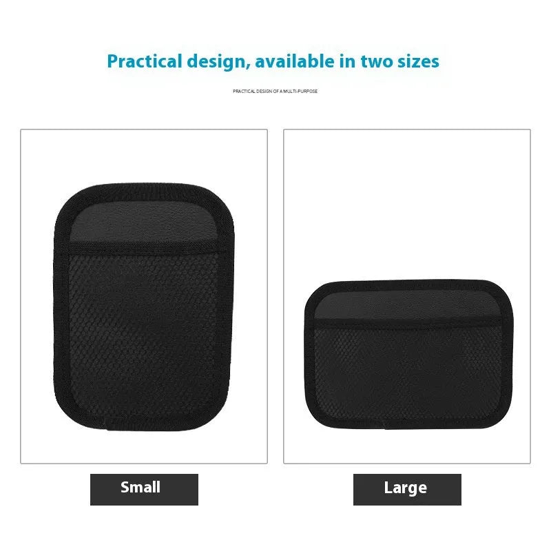 Adhesive polyester mesh net storage pocket for car and home, shown in large or small size.