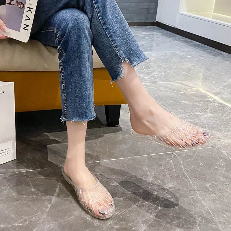 Fashion crystal women's toe-covered non-slip sandals with gradient colour finish, plastic upper and PVC sole, top view