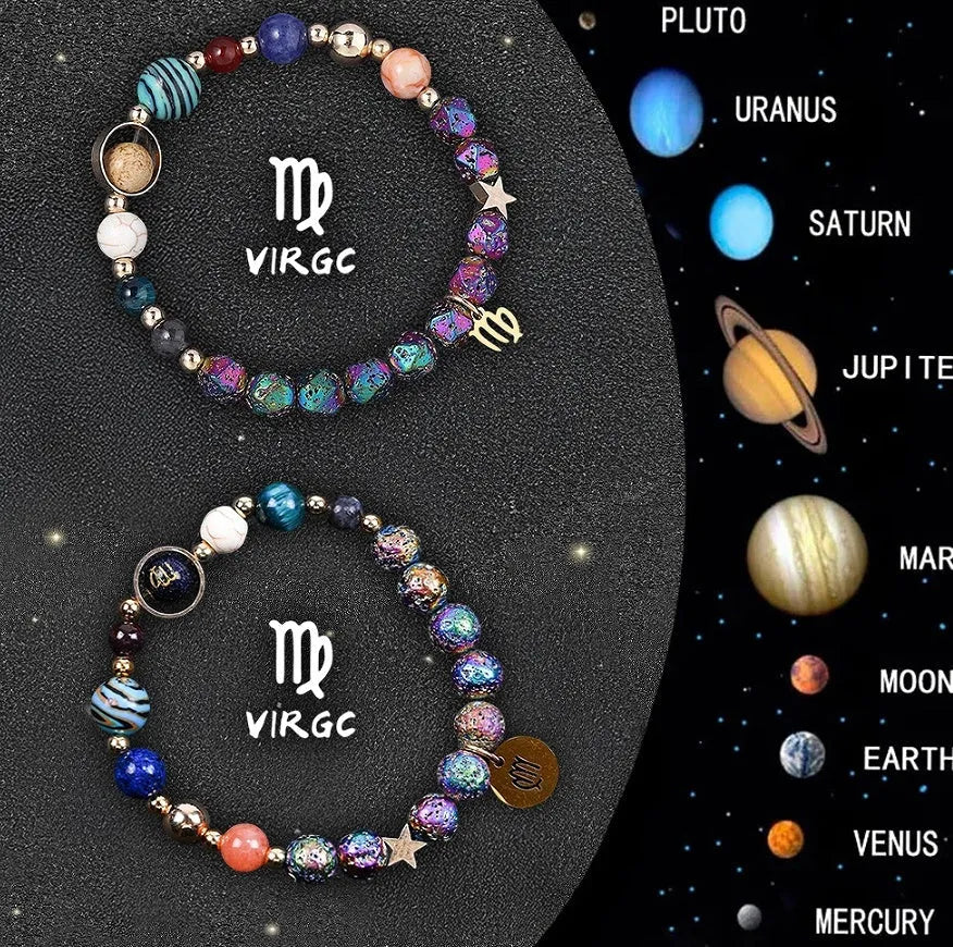Set of two natural stone beaded bracelets showing zodiac sign designs on a stretch elastic cord.