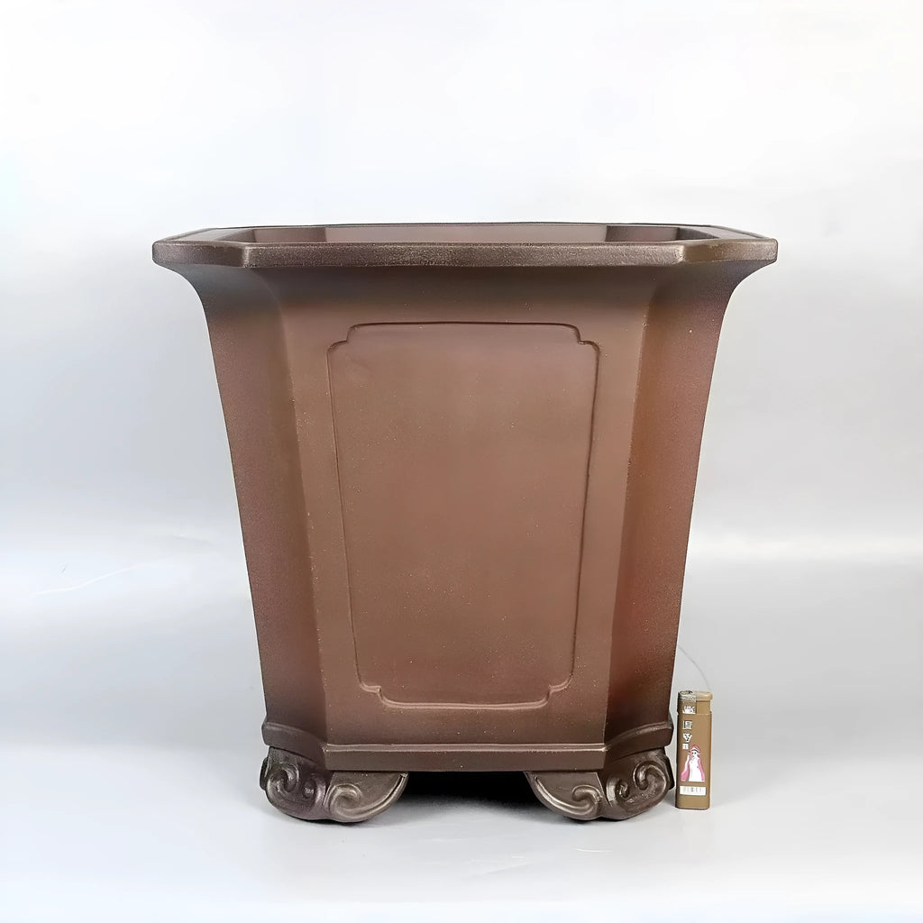 Ceramic antique redware flowerpot purple sand finish 40x40x40cm on a wooden table