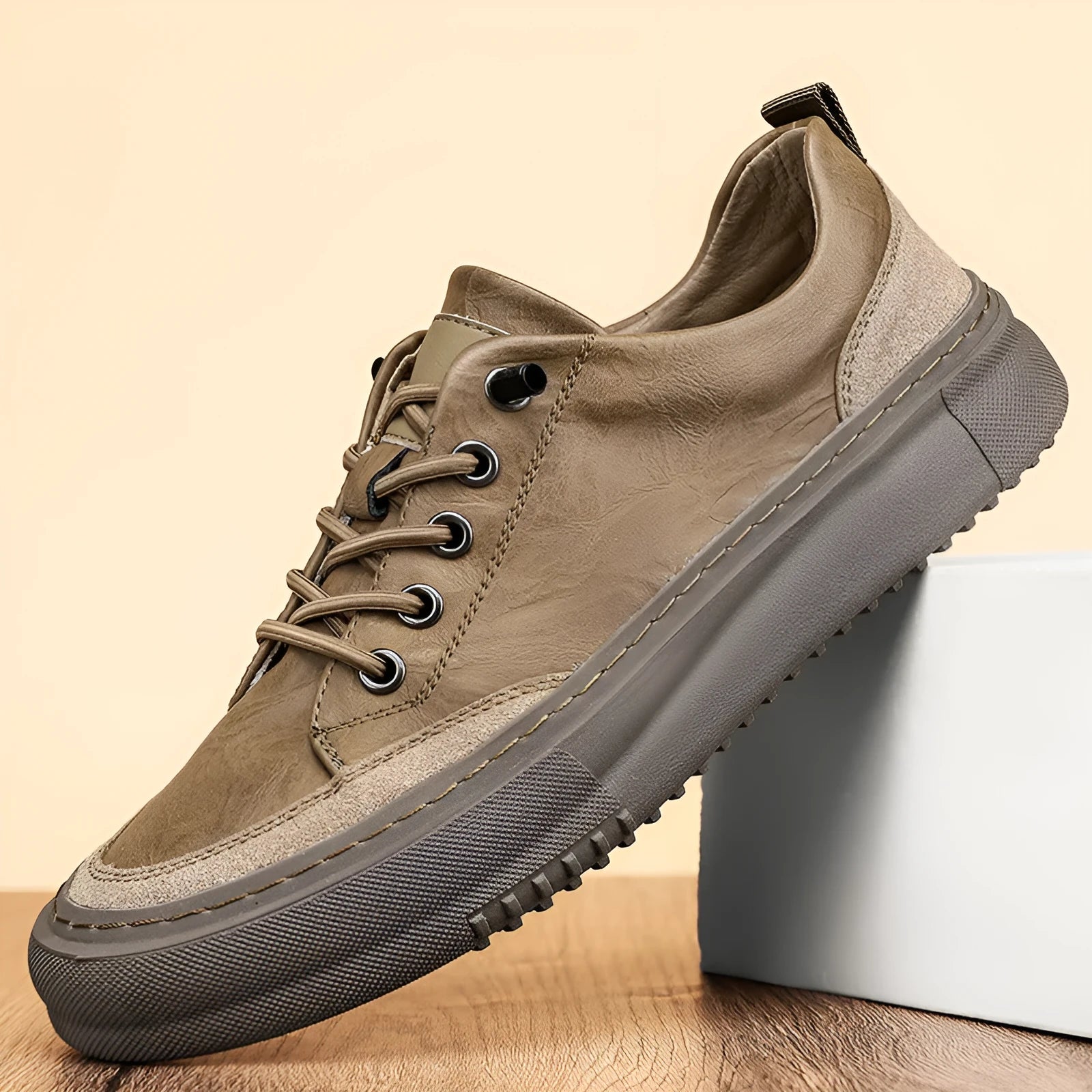 Men's round toe board shoes in black with lace-up front and rubber sole