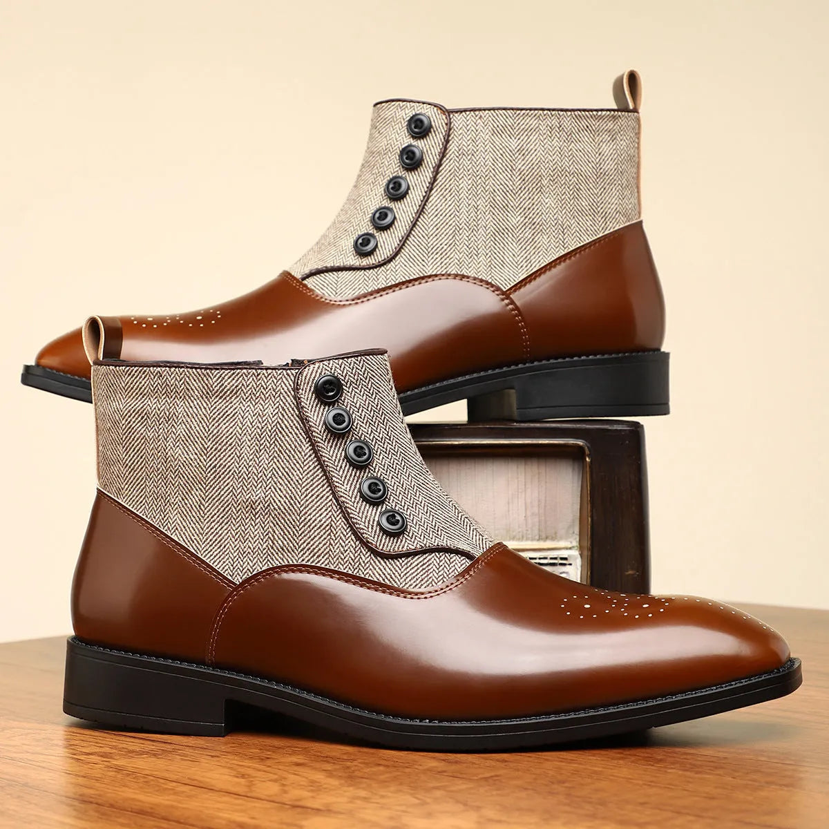 Men's brown retro formal business shoes with side zip and square toe.