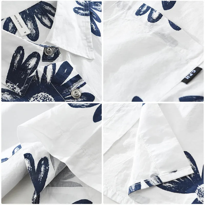 Japanese trendy printed short sleeve shirt in cotton blend fabric, loose fit, white or apricot colour