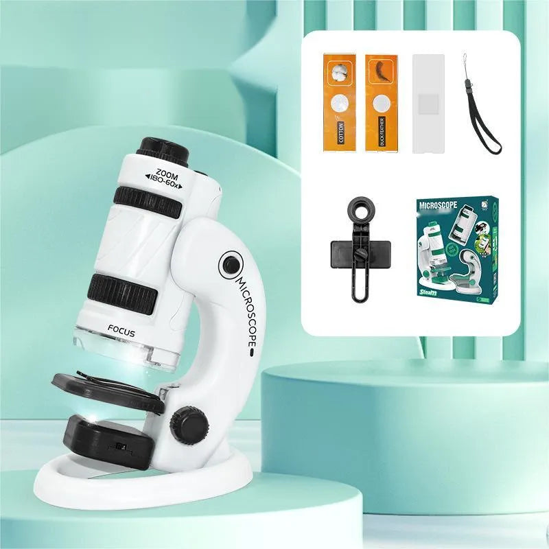 White and green portable microscope kit with specimen slides for outdoor educational use