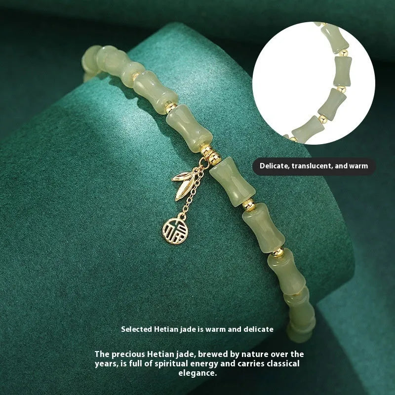 Chinese style bamboo joint bracelet and necklace set with Hetian jade accents