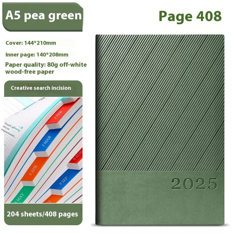A5 striped PU leather notepad open on a desk showing thickened paper, available in eight colours.