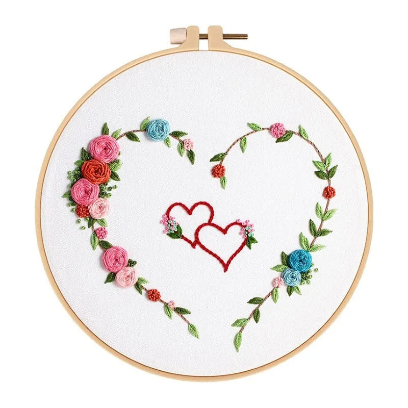 DIY embroidery kit with heart-to-heart love design on cotton cloth, 20cm bamboo taboret frame, Nordic style, Valentine's Day craft