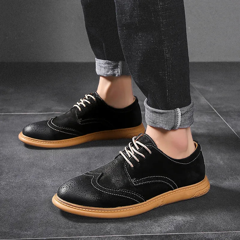 Men's black genuine cowhide leather lace-up business shoes with stitched detail and rubber sole.