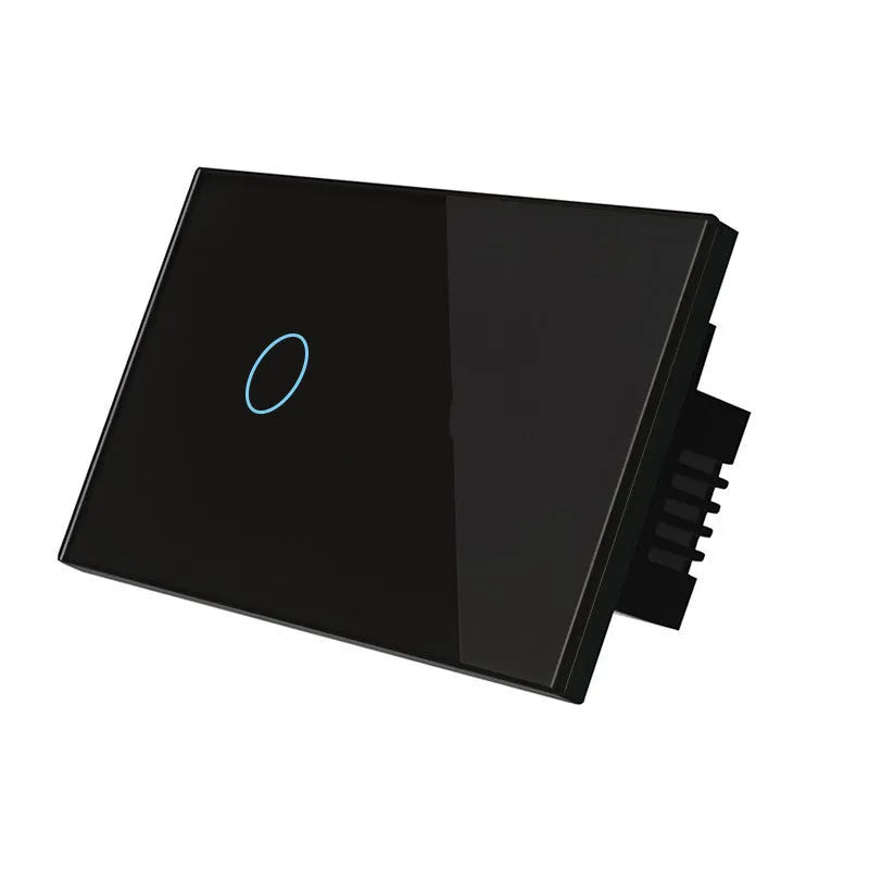 White 2-gang tempered glass touch light switch panel with LED indicators for wall mounting.