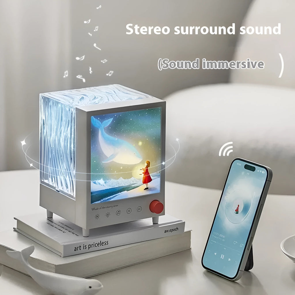 Aurora Treasure Box atmosphere projection lamp showing Star Sea Whale light effect, with compact design and Bluetooth speaker.