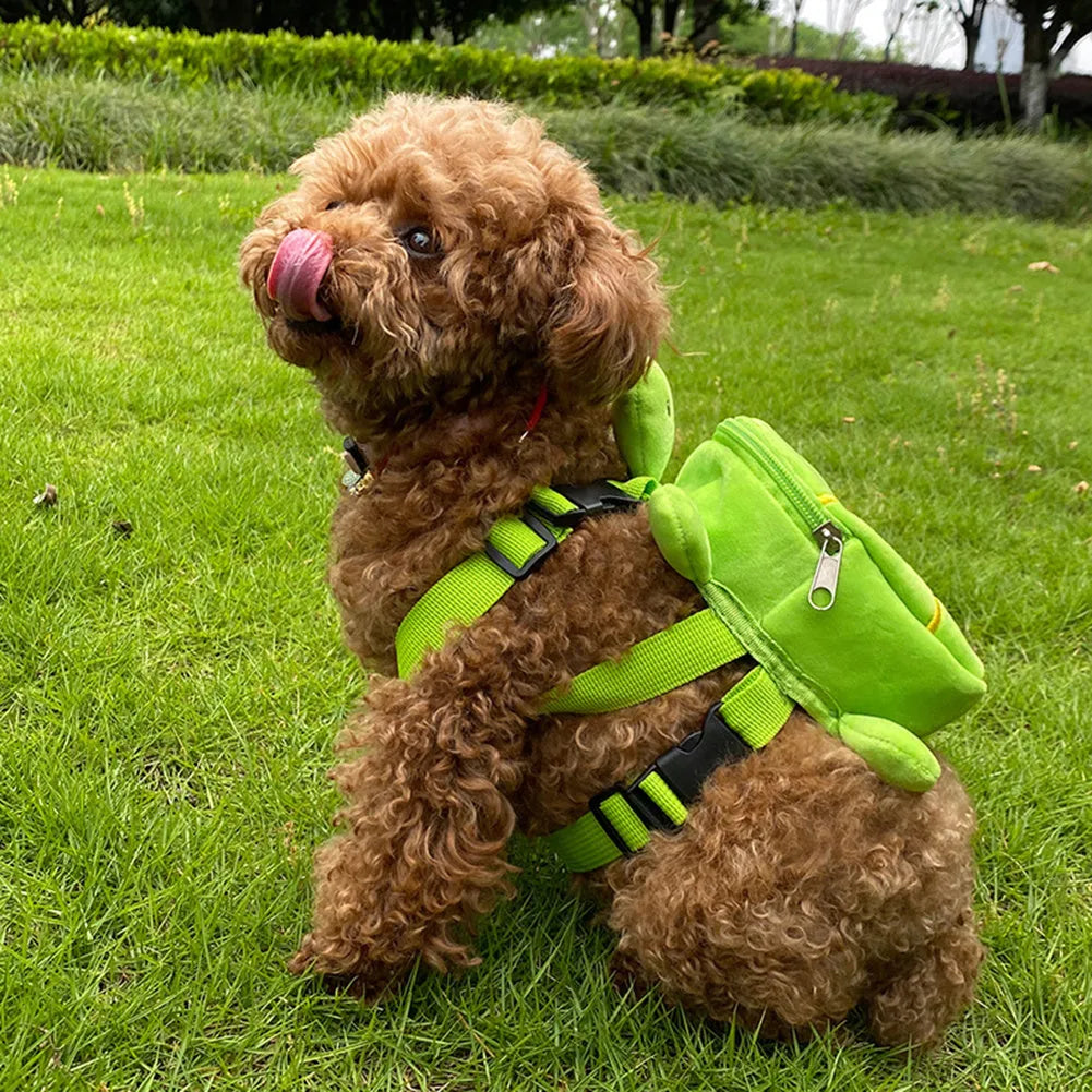 Turtle-shaped dog backpack harness in green colour with metal zipper