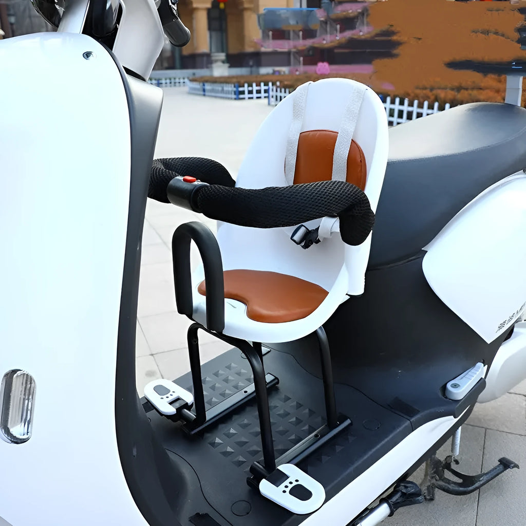 Black front-mounted child safety seat for a battery scooter with a high carbon steel frame.