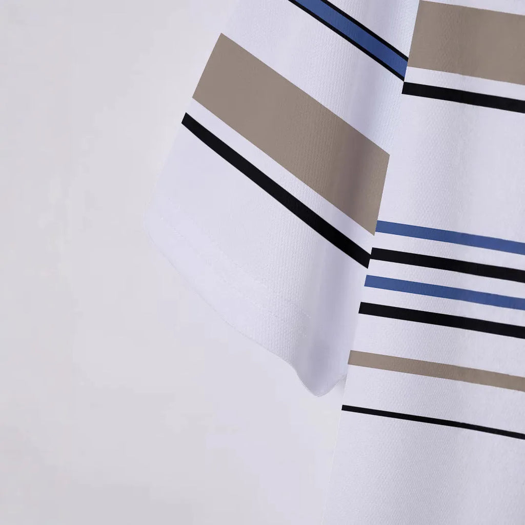 Men's white striped short sleeve t-shirt on a hanger